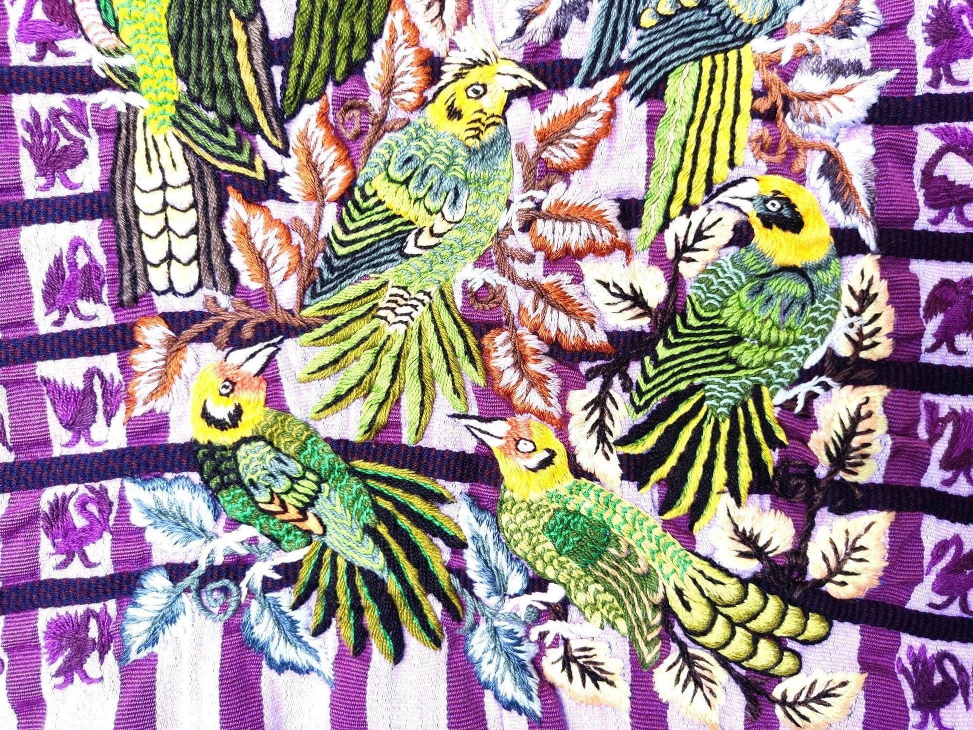 Vintage handmade embroidered Santiago ATITLAN huipil cotton wall decor tapestry -PARROT family-
