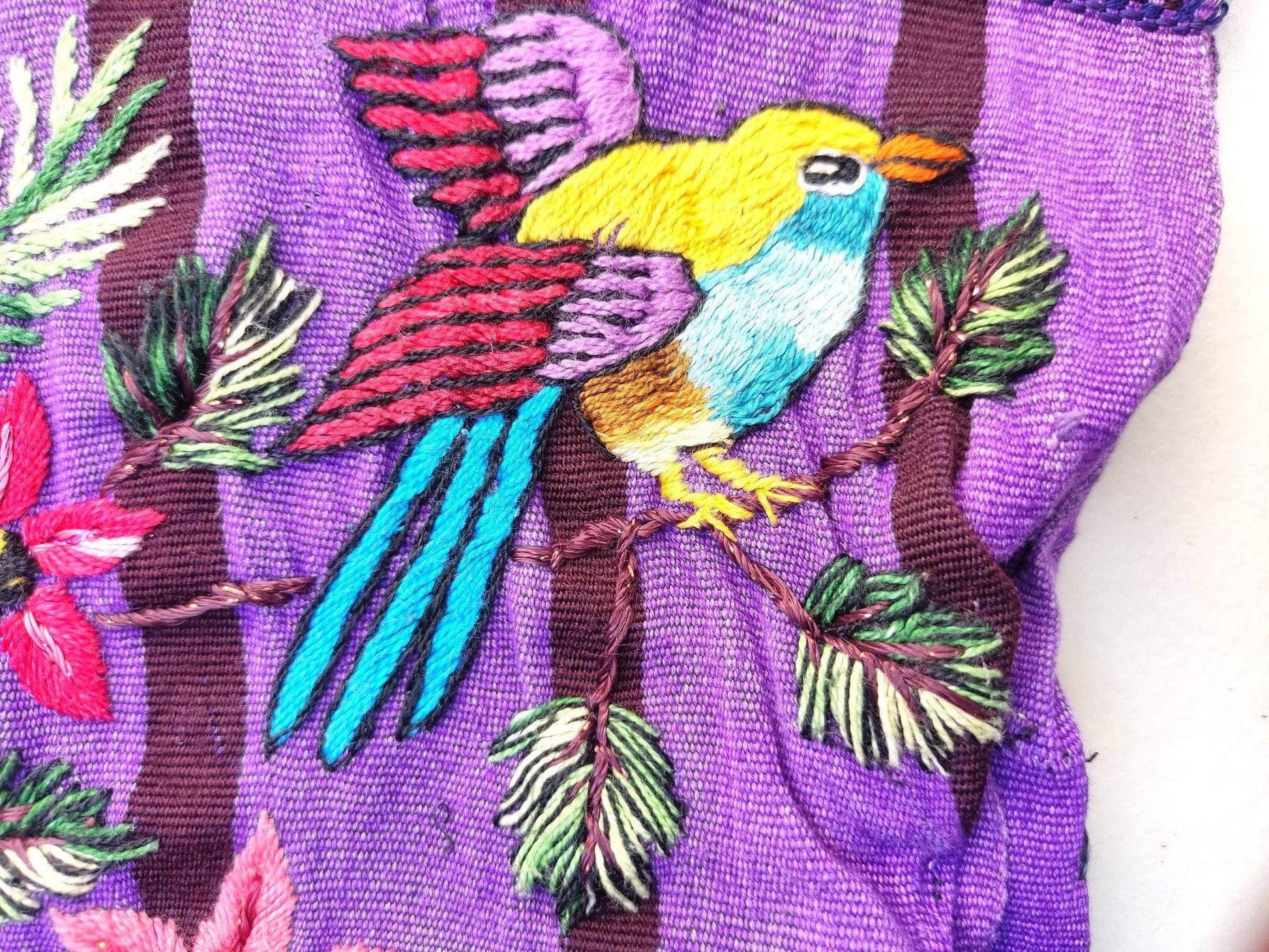 PETIT Vintage handmade embroidered Santiago Atitlan huipil cotton wall decor tapestry -Bird party-