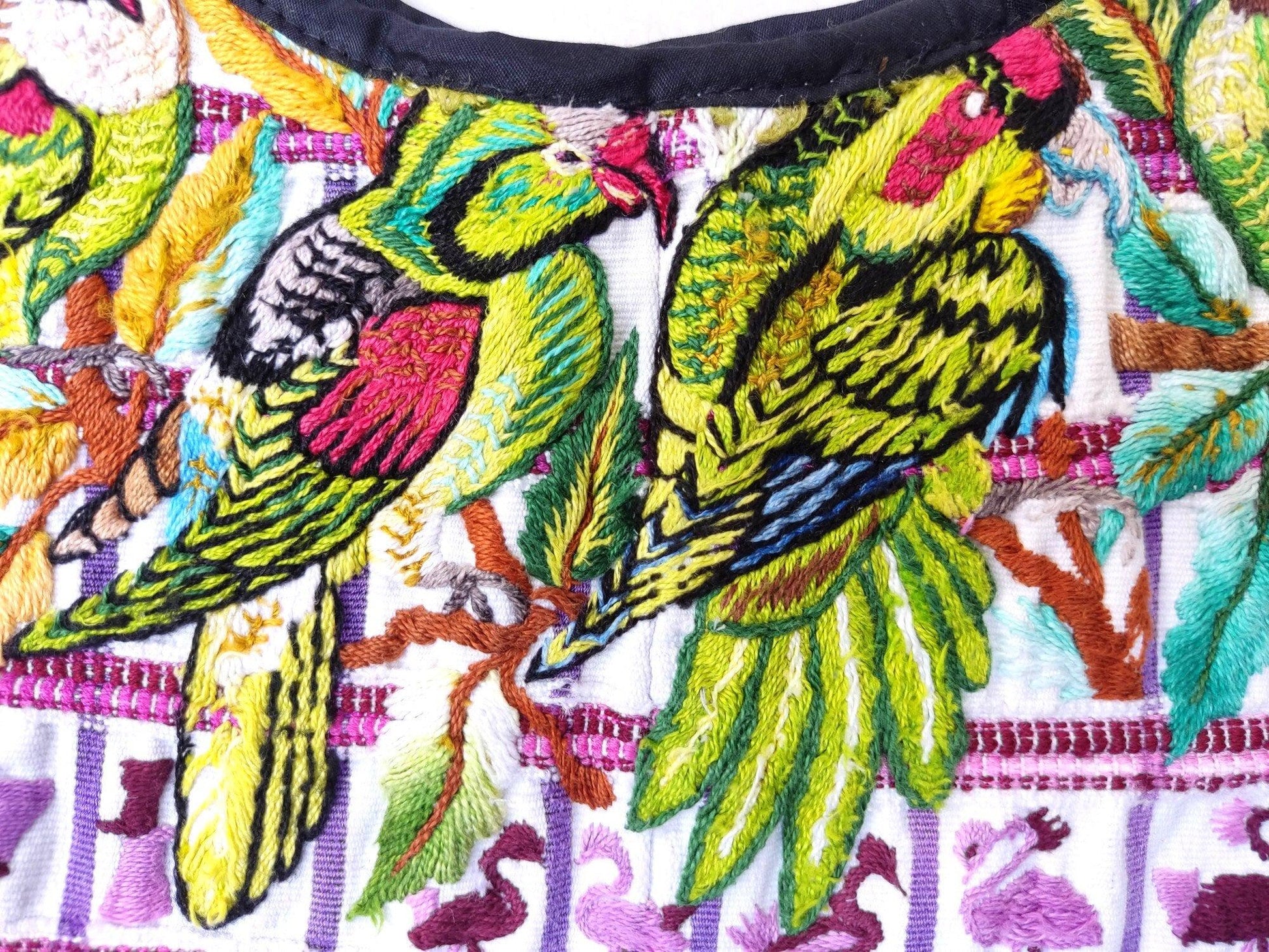 Vintage handmade embroidered Santiago Atitlan huipil cotton wall decor tapestry -Parrot family-