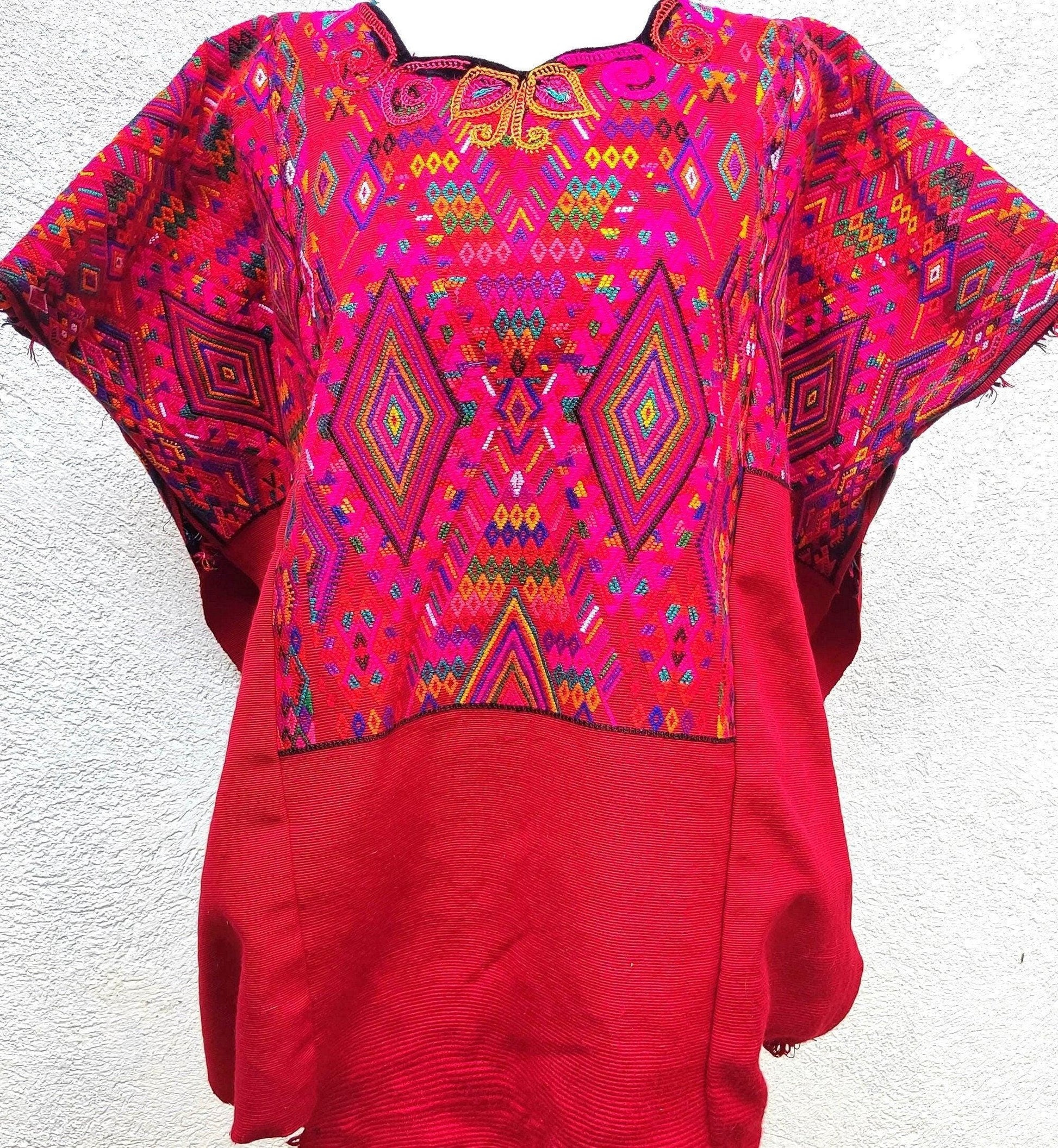 Guatemalan unique handmade Red CHICHICASTENANGO weaved cotton huipil - Mayan rombus motives-