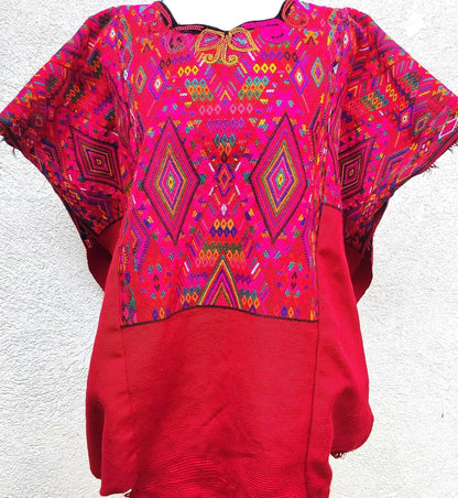 Guatemalan unique handmade Red CHICHICASTENANGO weaved cotton huipil - Mayan rombus motives-