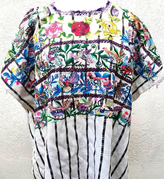 Vintage handmade embroidered Santiago Atitlan huipil cotton wall decor tapestry -Parrot family-