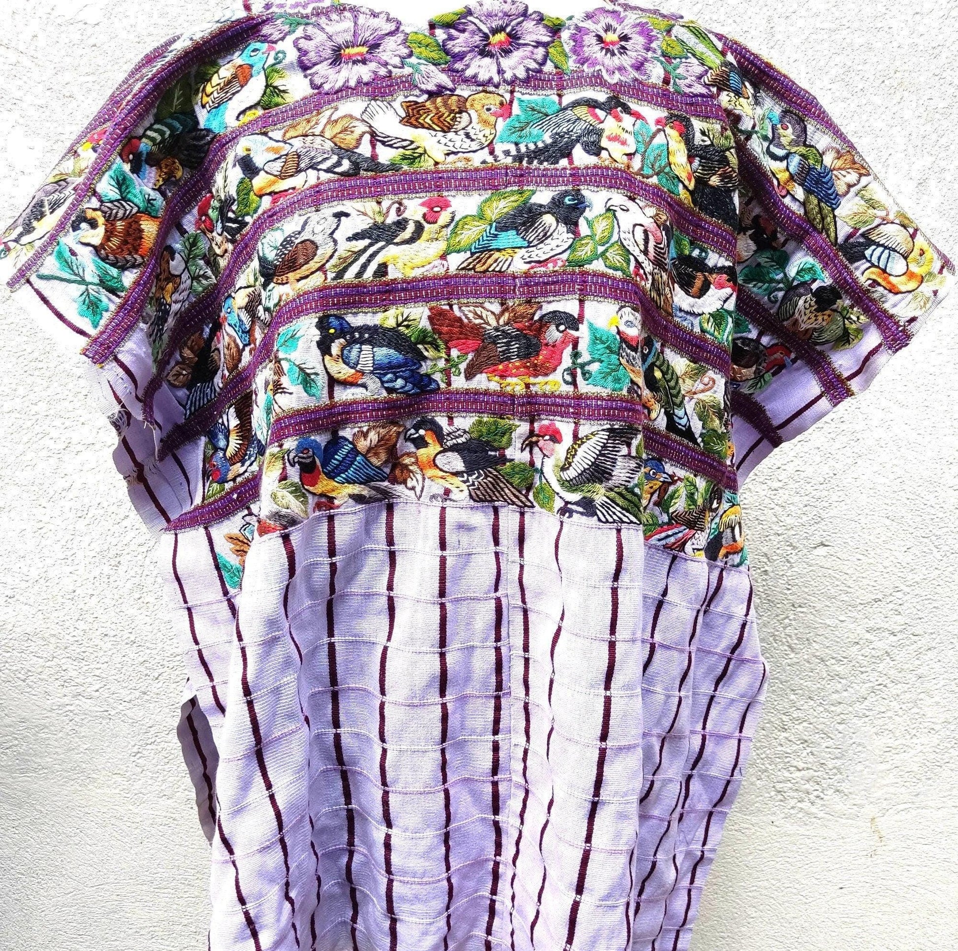 Vintage Santiago Atitlan Huipil Embroidery BIRDS Cotton TAPESTRY And BLOUSE - Home Wall Decor Floral Wall Hanging Blouse - Mayan Fair Trade 