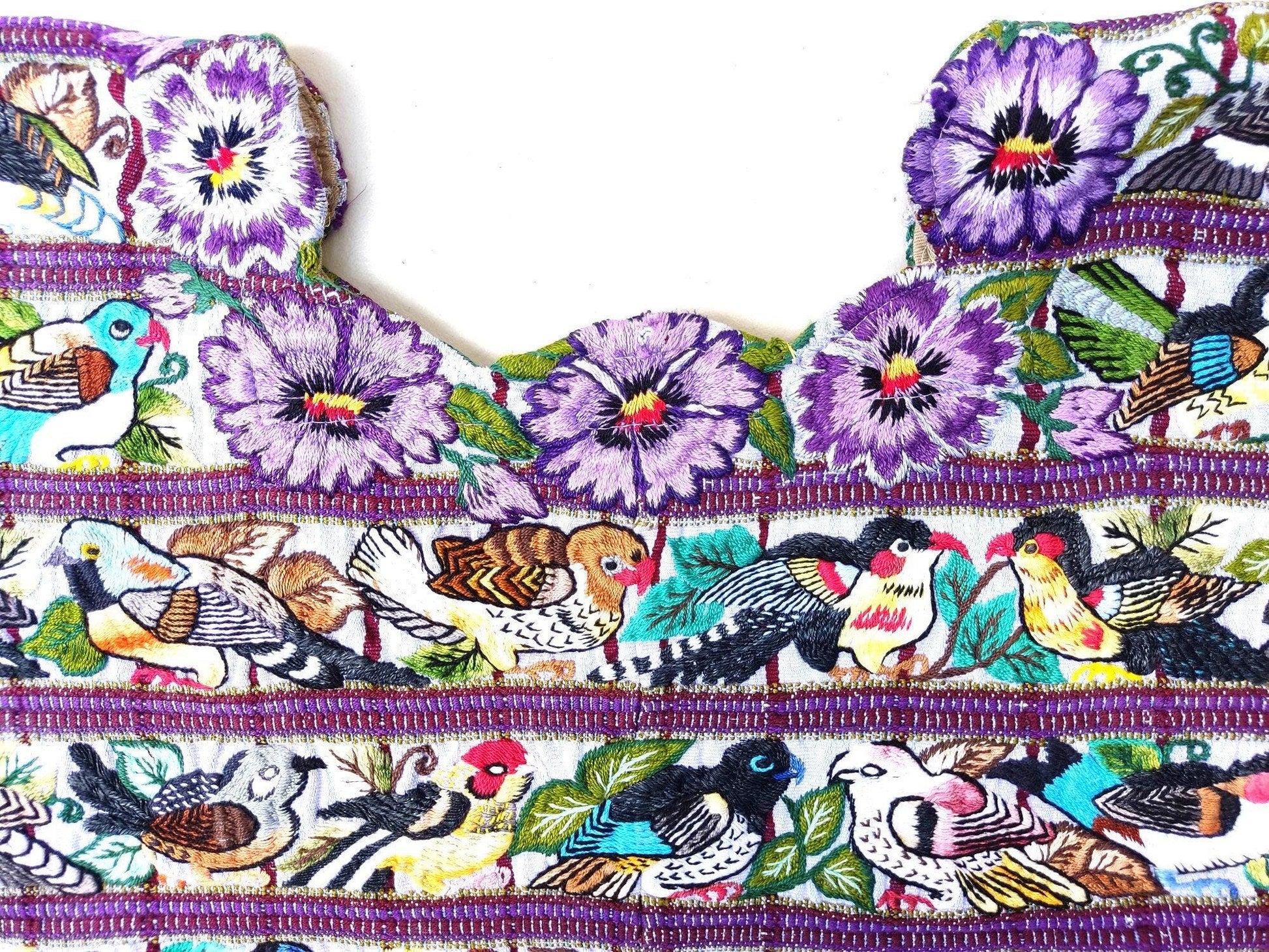 Vintage Santiago Atitlan Huipil Embroidery BIRDS Cotton TAPESTRY And BLOUSE - Home Wall Decor Floral Wall Hanging Blouse - Mayan Fair Trade 