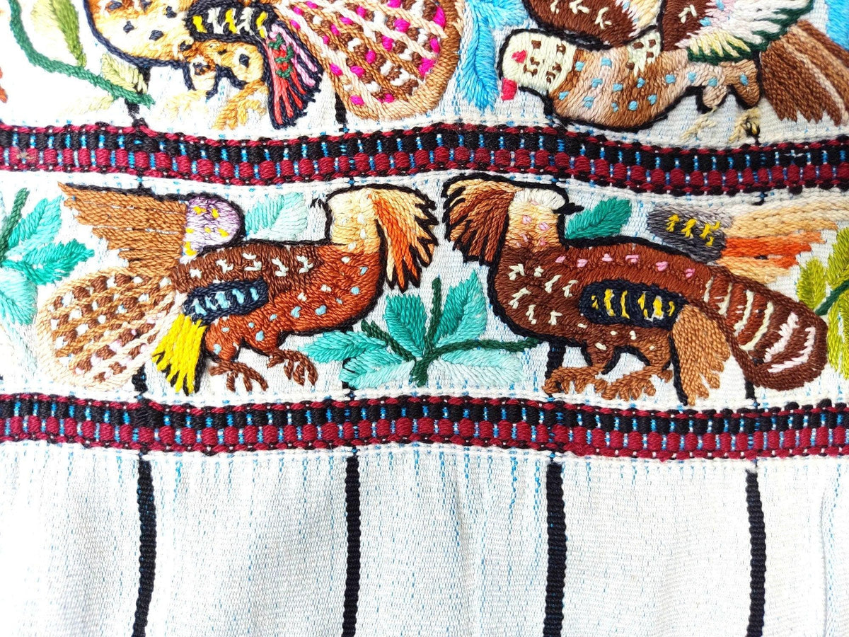Vintage handmade embroidered Santiago Atitlan huipil cotton wall decor tapestry -Parrot family-