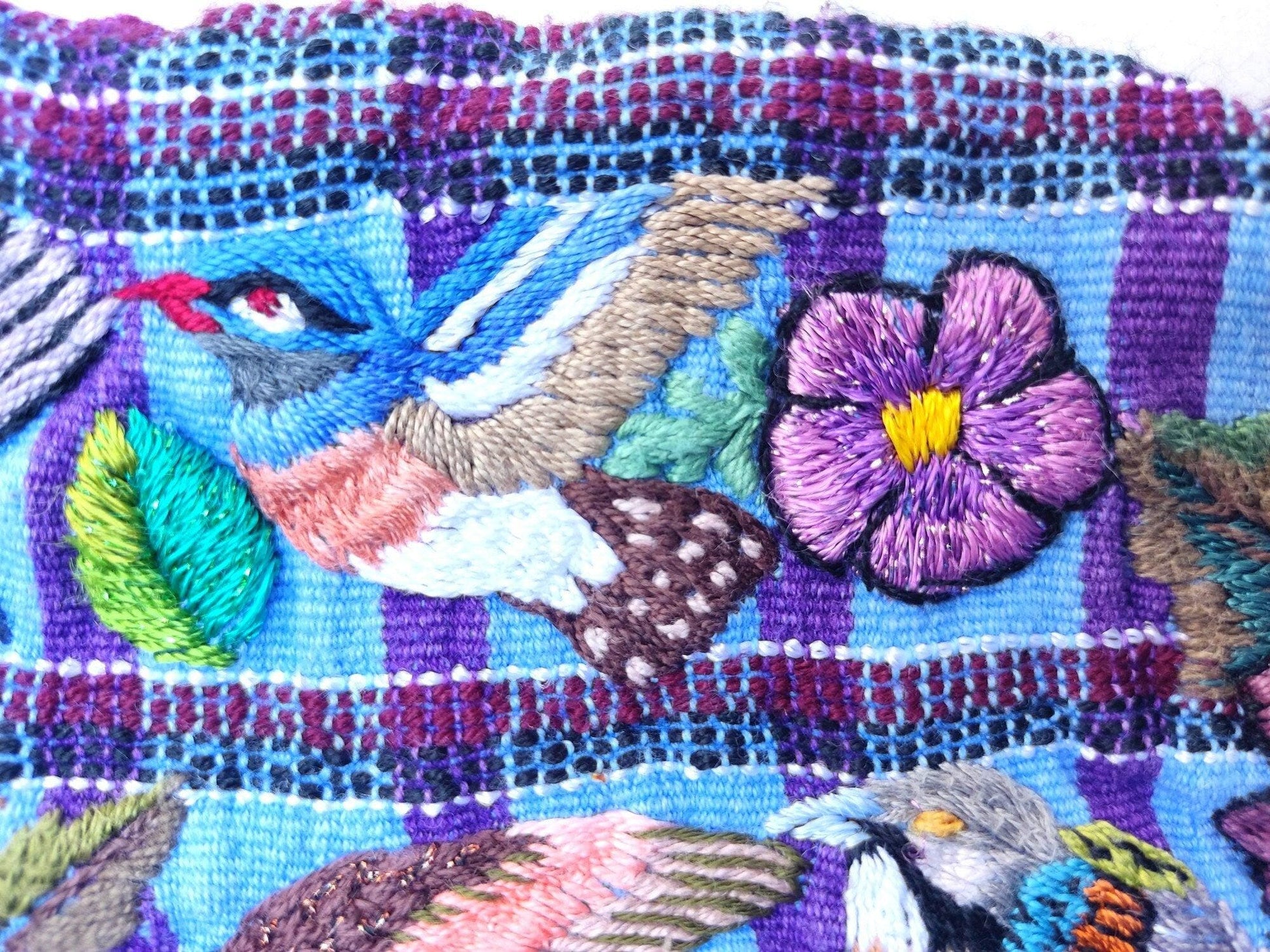 Vintage handmade embroidered Santiago Atitlan huipil cotton wall decor tapestry -Bird family-