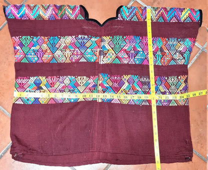Vintage burgundy unique Guatemala handmade weaved -San Martín Chile verde- Horses motives cotton huipil