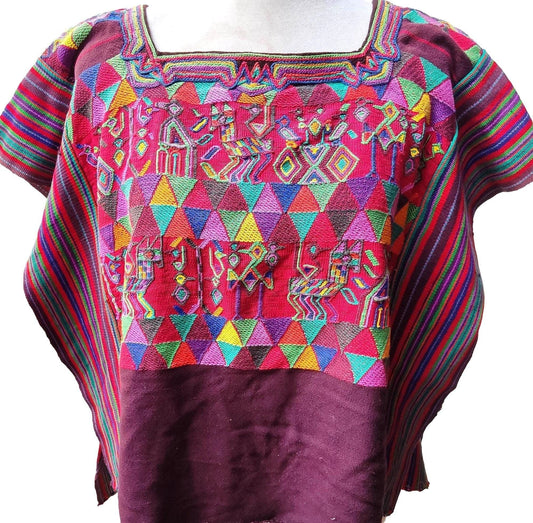 Vintage Guatemalan Unique Red Handmade Weaved Cotton -NEBAJ Huipil- Birds Horses and Geometric Patterns