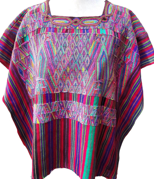 Vintage Guatemalan Unique Red Handmade Weaved Cotton -NEBAJ QUICHE Huipil- Birds HORSES and Geometric Patterns