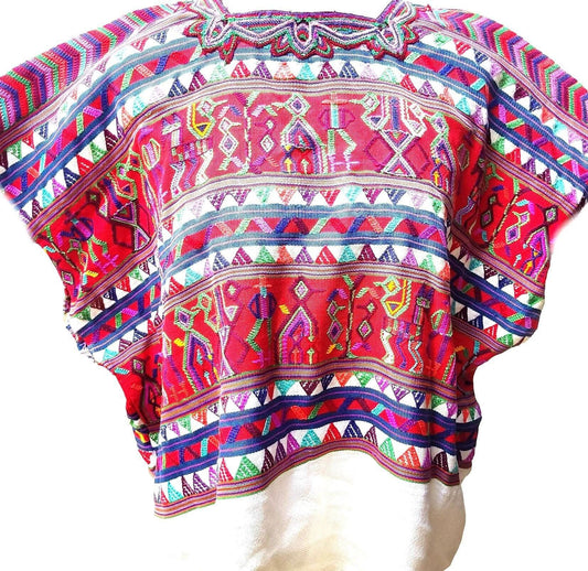 Vintage Guatemalan Unique Red Handmade Weaved Cotton -NEBAJ Huipil- Birds Horses and Geometric Patterns