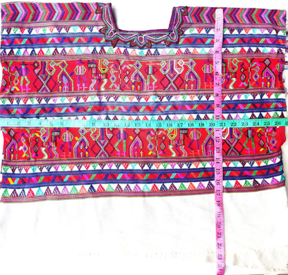 Vintage Guatemalan Unique Red Handmade Weaved Cotton -NEBAJ Huipil- Birds Horses and Geometric Patterns