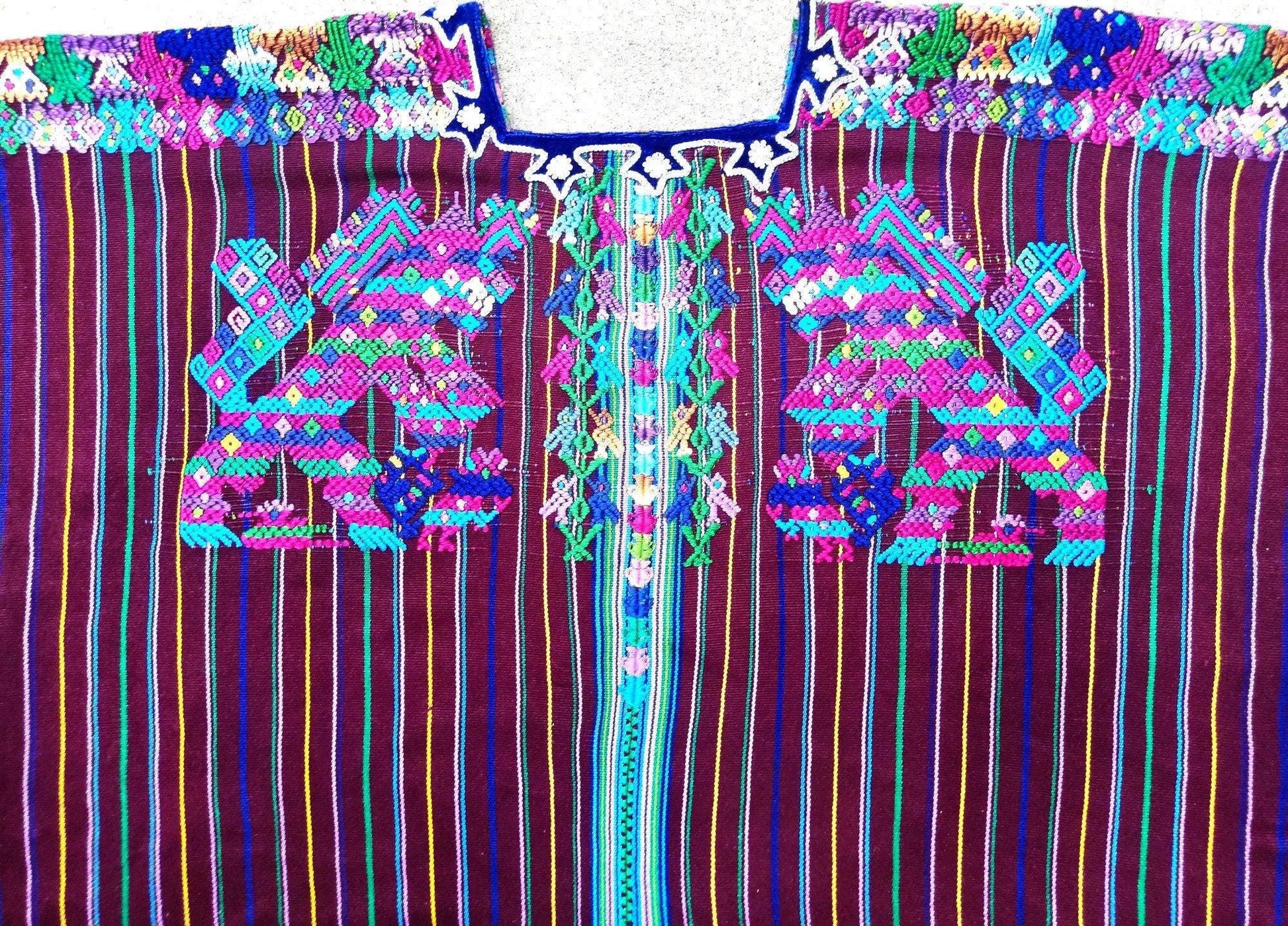 Vintage Guatemalan Unique Handmade Weaved Cotton BURGUNDY -Mayan HORSES and Ducks -Santo Domingo XENACOJ huipil-