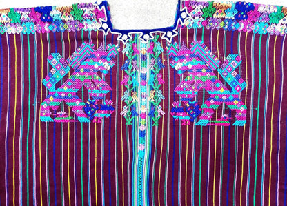 Vintage Guatemalan Unique Handmade Weaved Cotton BURGUNDY -Mayan HORSES and Ducks -Santo Domingo XENACOJ huipil-