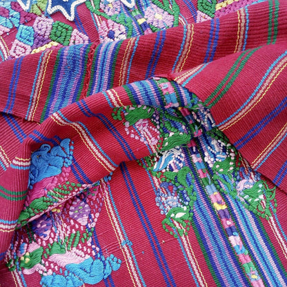 Vintage Guatemalan Unique Handmade Weaved Cotton BURGUNDY -ROOSTERS and Birds -Santo Domingo XENACOJ huipil-