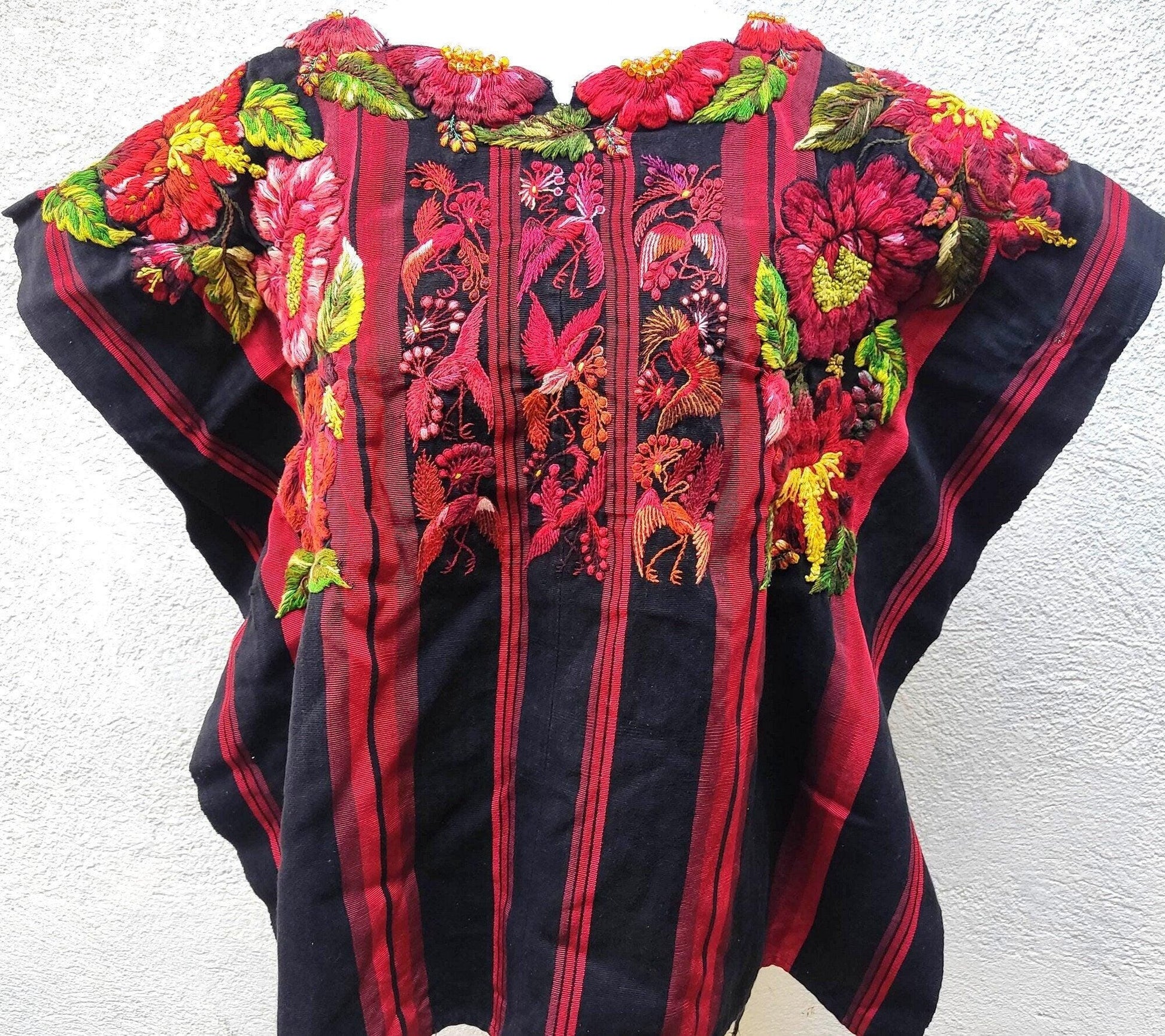 Vintage handmade embroidered Santiago Atitlan huipil cotton wall decor tapestry -Floral and birds-