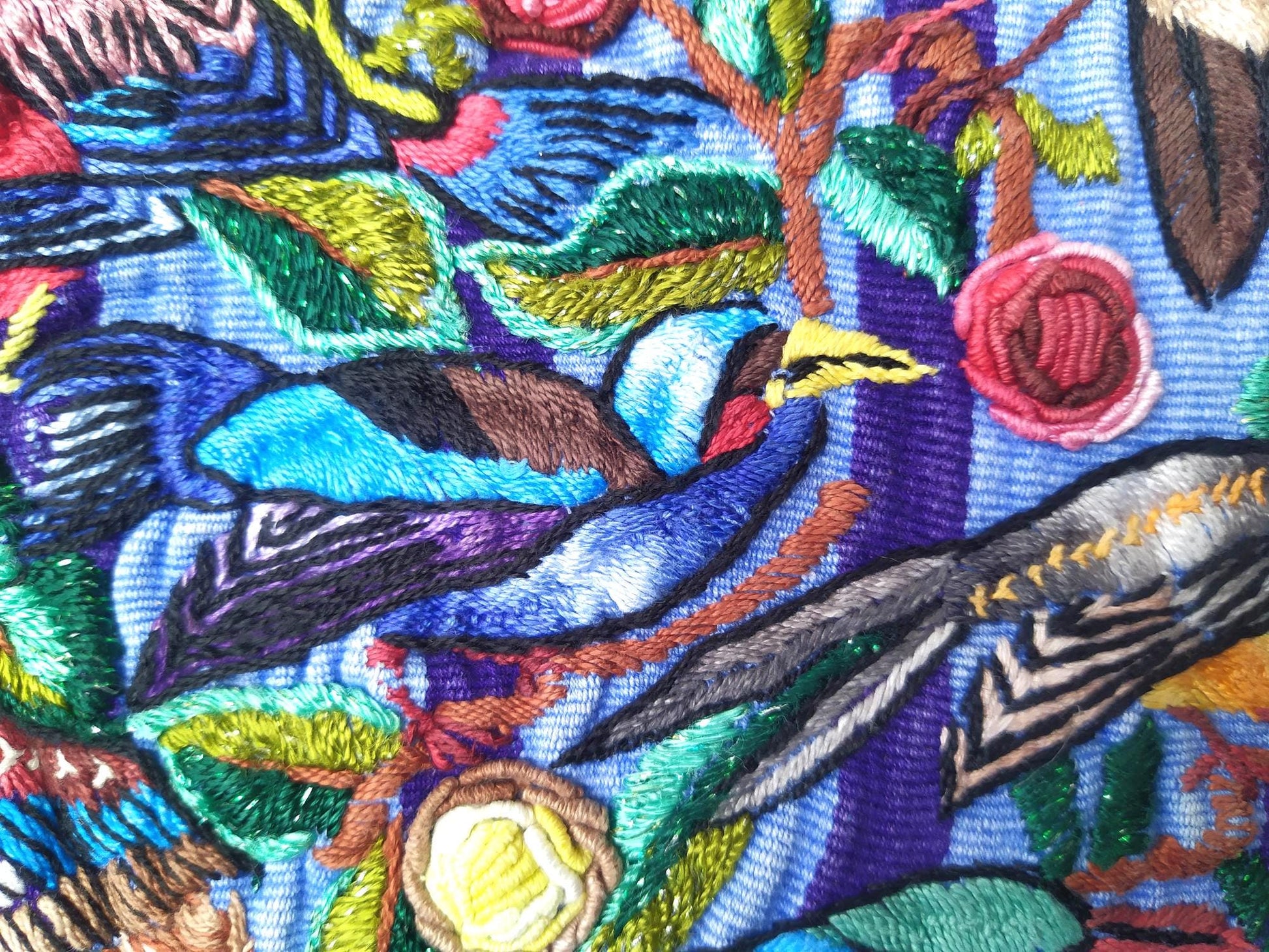 Handmade Blue EMBROIDERED Guatemalan Santiago Atitlan COTTON WALL Huipil &quot;Mayan Bird Family&quot; Tapestry