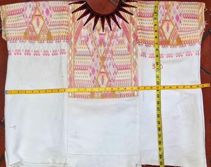 Vintage Guatemalan unique handmade Ivory weaved cotton huipil - Mayan rombus motives-