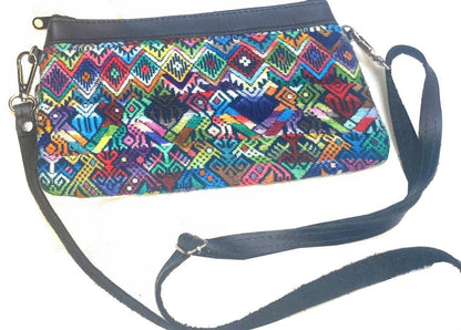 Aesthetic Woman Guatemalan Leather Huipil CROSSBODY Wristlet CLUTCH PURSE - 100% Cotton Lining Purse