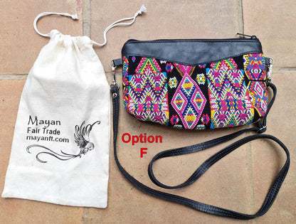Aesthetic Woman Guatemalan Leather Huipil CROSSBODY Wristlet CLUTCH PURSE - 100% Cotton Lining Purse