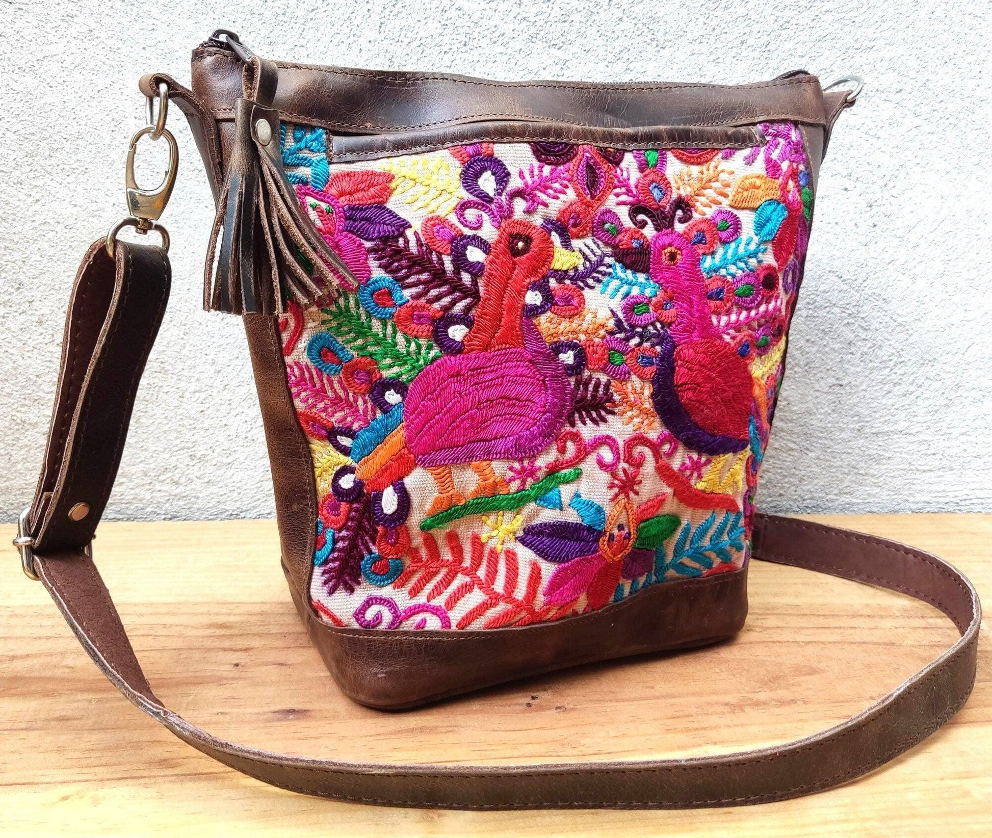 Unique leather Couple of Peacocks huipil crossbody bag