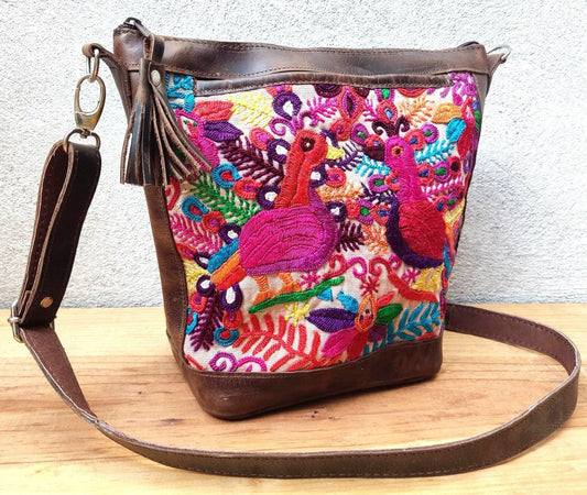 Unique leather Couple of Peacocks huipil crossbody bag