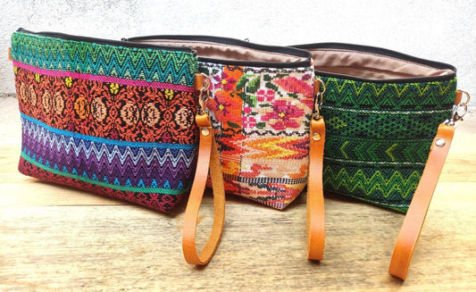 Guatemalan upcycled HUIPIL double sided COSMETIC PURSE leather wristlet