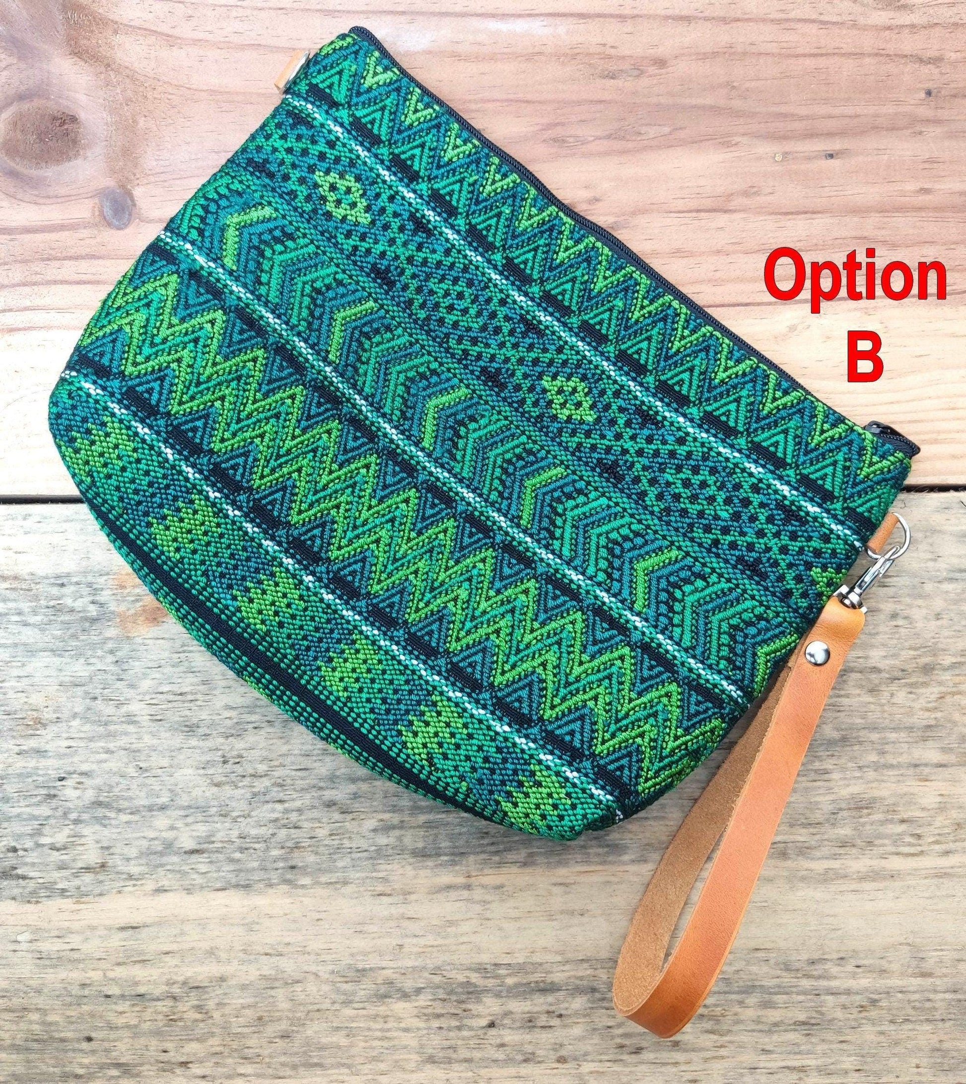 Guatemalan upcycled HUIPIL double sided COSMETIC PURSE leather wristlet