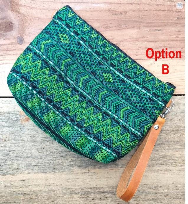 Guatemalan upcycled HUIPIL double sided COSMETIC PURSE leather wristlet