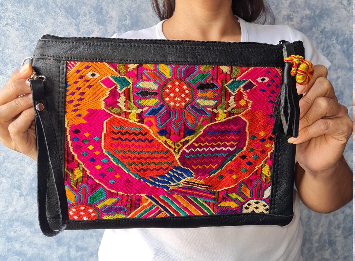 Aesthetic Woman Guatemalan Leather Huipil CROSSBODY Wristlet CLUTCH PURSE - 100% Cotton Lining Purse