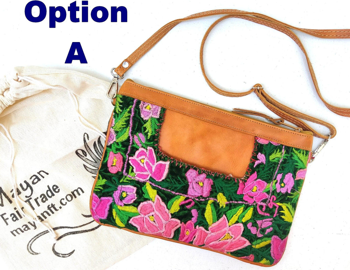 Aesthetic Woman Guatemalan Leather Huipil CROSSBODY Wristlet CLUTCH PURSE - 100% Cotton Lining Purse