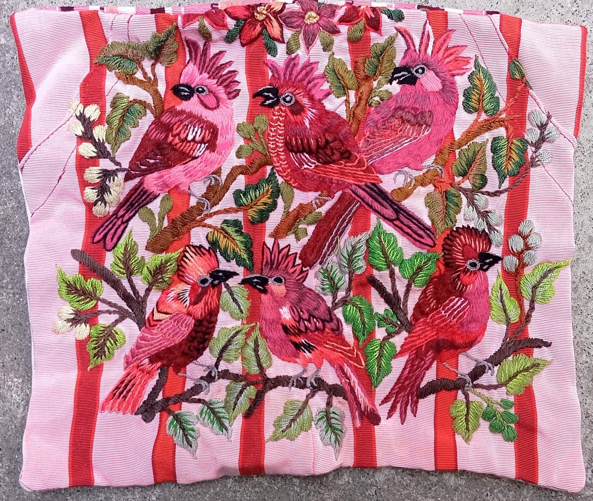 MINI Guatemala Hand Embroidery -6 CARDINAL BIRDS Pattern- Pillow Cushion 13 x 11 -Insert Included