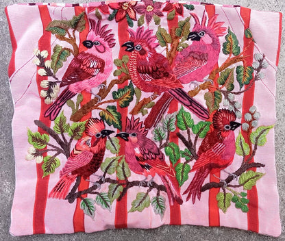 MINI Guatemala Hand Embroidery -6 CARDINAL BIRDS Pattern- Pillow Cushion 13 x 11 -Insert Included