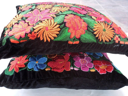 Velvet Guatemala embroidery - Floral- huipil pillow case cushion cover 18x18 16x16 17x17 14x18