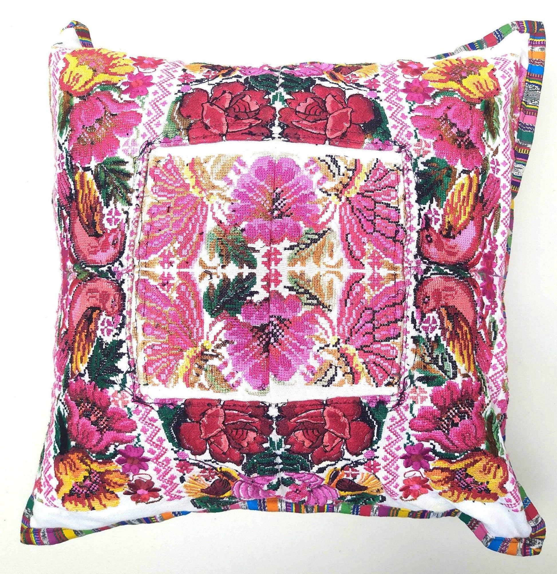 Guatemalan upcycled huipil pillow case cushion cover 19x19 inches -Butterfly, birds and floral