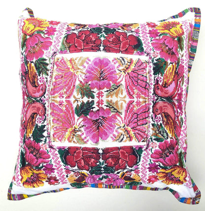 Guatemalan upcycled huipil pillow case cushion cover 19x19 inches -Butterfly, birds and floral