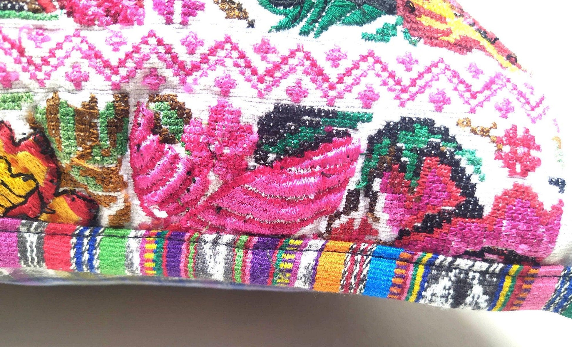 Guatemalan upcycled huipil pillow case cushion cover 19x19 inches -Butterfly, birds and floral