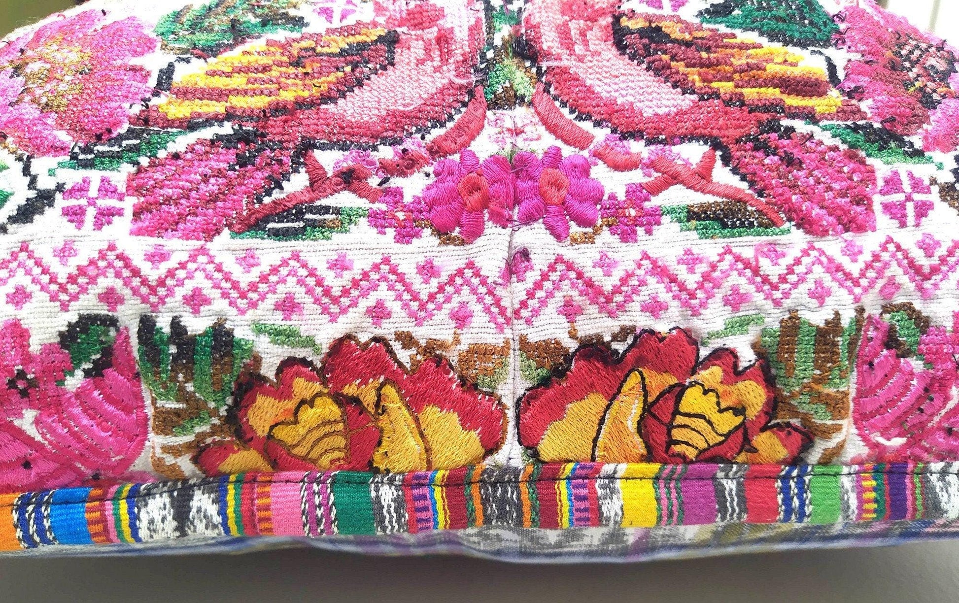 Guatemalan upcycled huipil pillow case cushion cover 19x19 inches -Butterfly, birds and floral