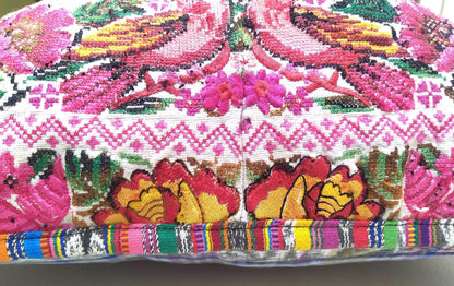 Guatemalan upcycled huipil pillow case cushion cover 19x19 inches -Butterfly, birds and floral