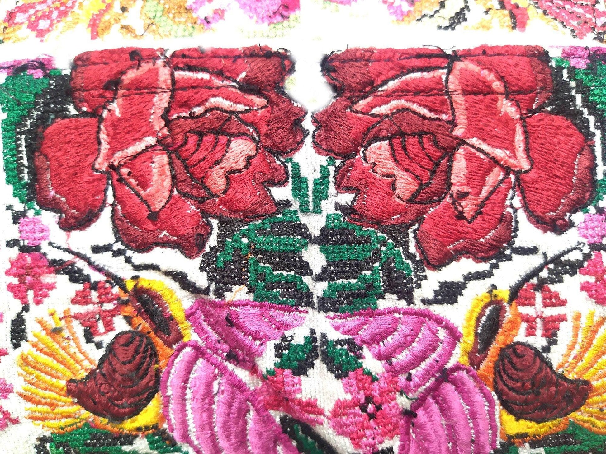 Guatemalan upcycled huipil pillow case cushion cover 19x19 inches -Butterfly, birds and floral
