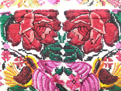 Guatemalan upcycled huipil pillow case cushion cover 19x19 inches -Butterfly, birds and floral