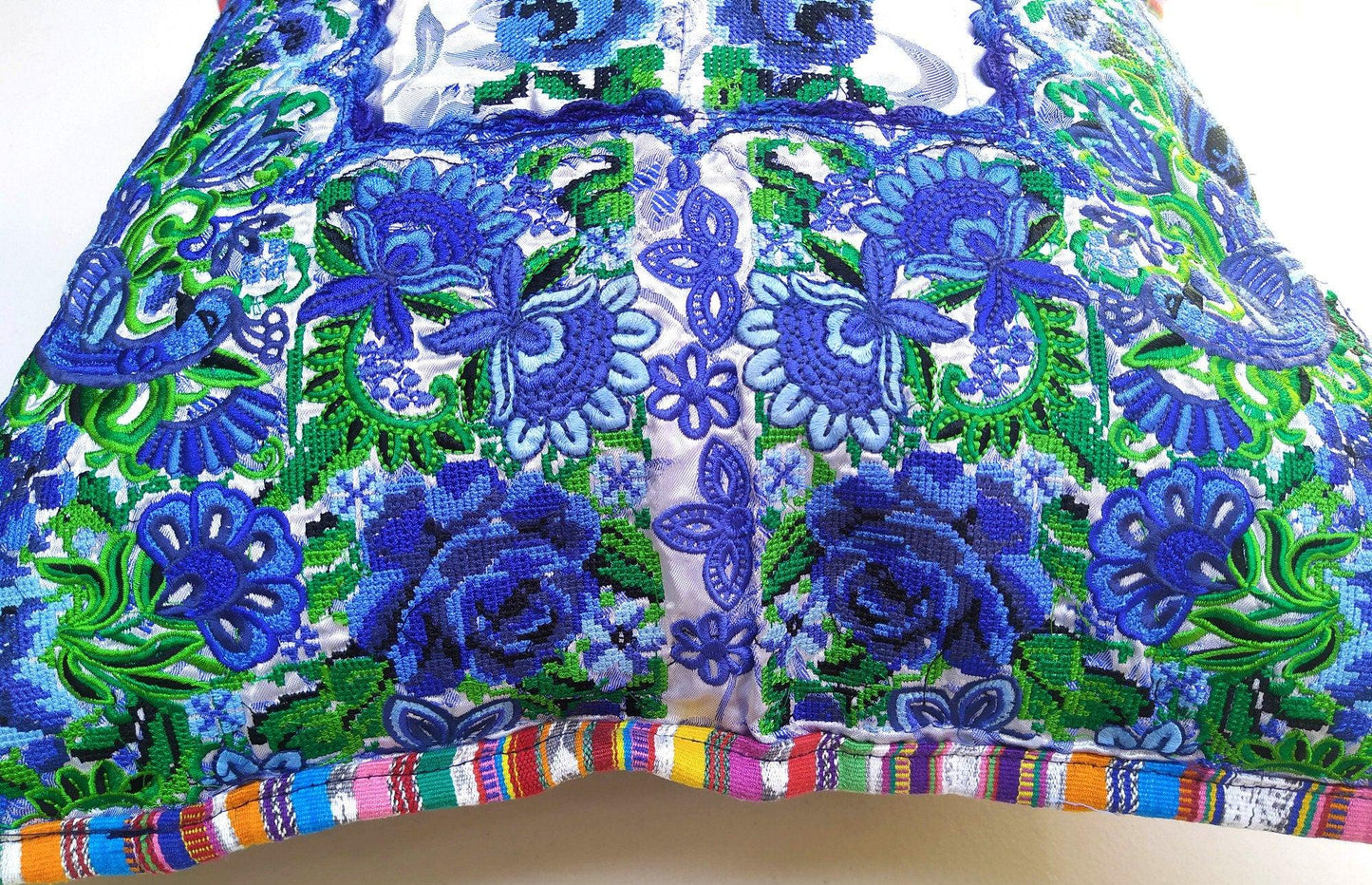 Guatemalan upcycled huipil pillow case cushion cover 19x19 inches -Peacocks and floral