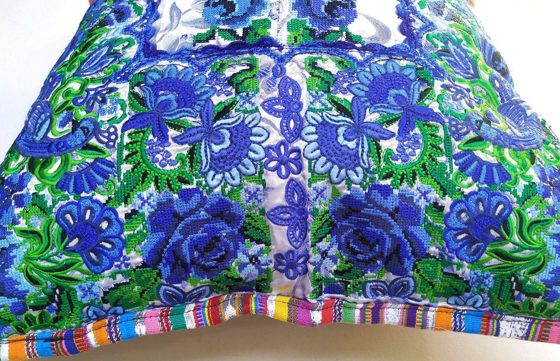 Guatemalan upcycled huipil pillow case cushion cover 19x19 inches -Peacocks and floral