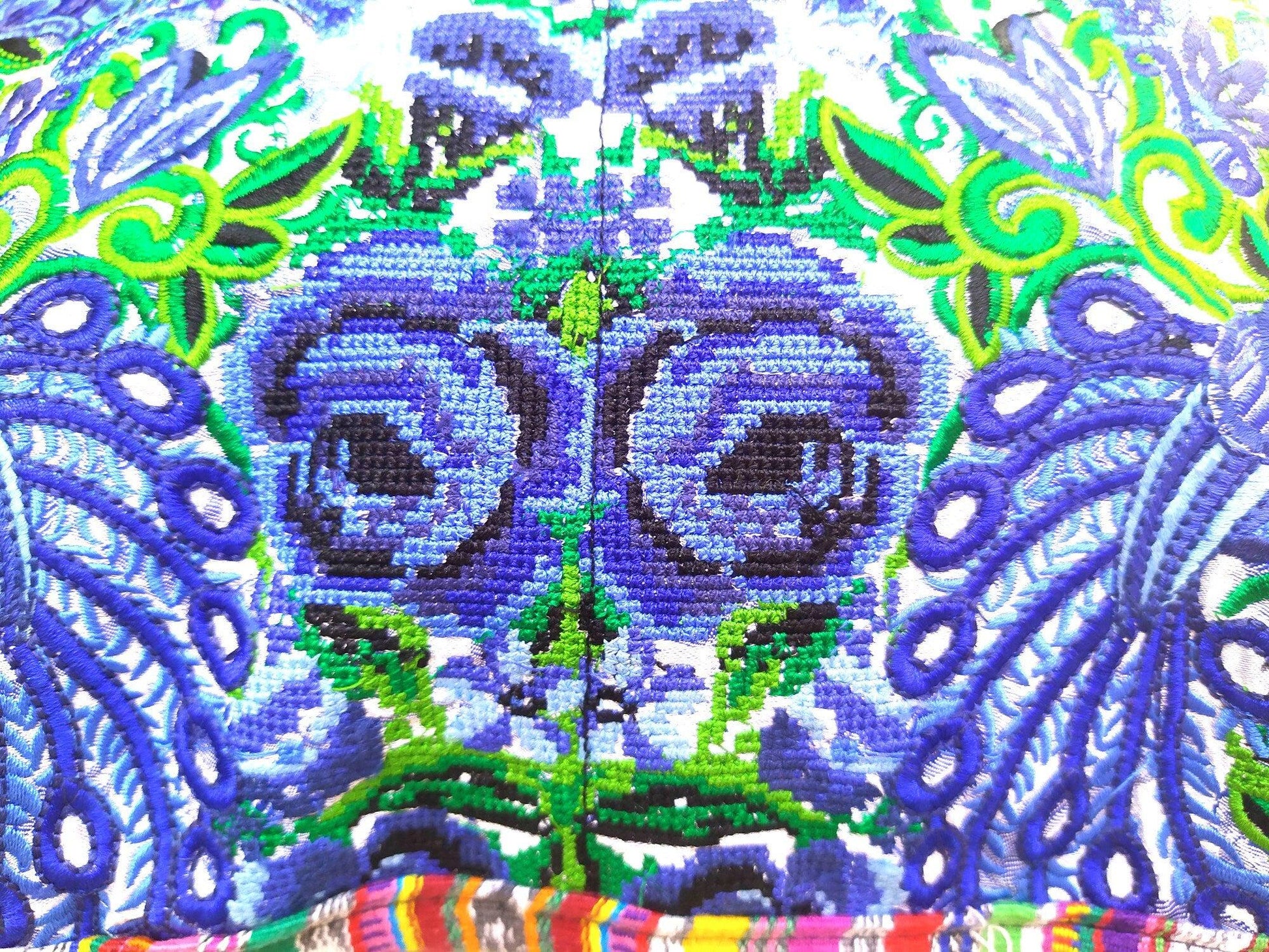 Guatemalan upcycled huipil pillow case cushion cover 19x19 inches -Peacocks and floral
