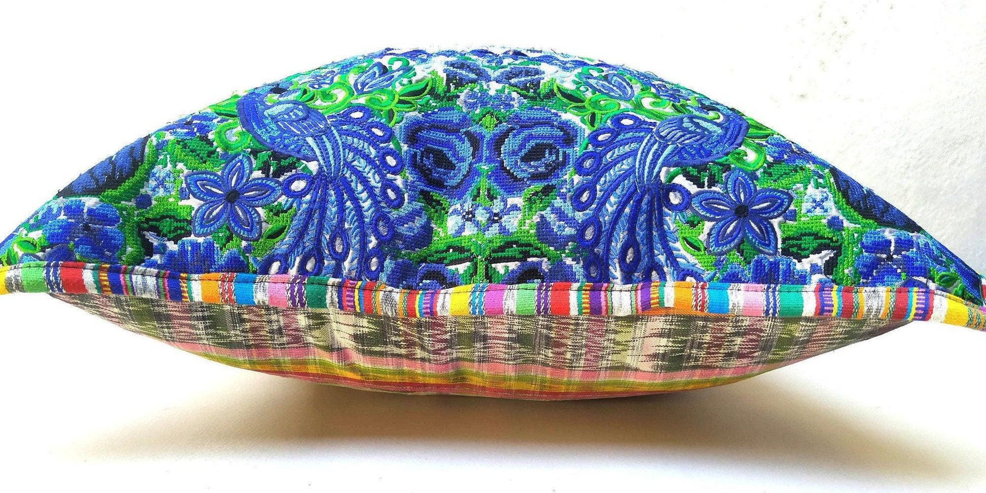 Guatemalan upcycled huipil pillow case cushion cover 19x19 inches -Peacocks and floral