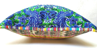 Guatemalan upcycled huipil pillow case cushion cover 19x19 inches -Peacocks and floral
