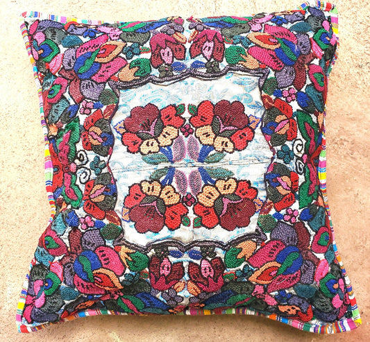 Guatemalan upcycled huipil pillow case cushion cover 19x19 inches -Butterfly and floral