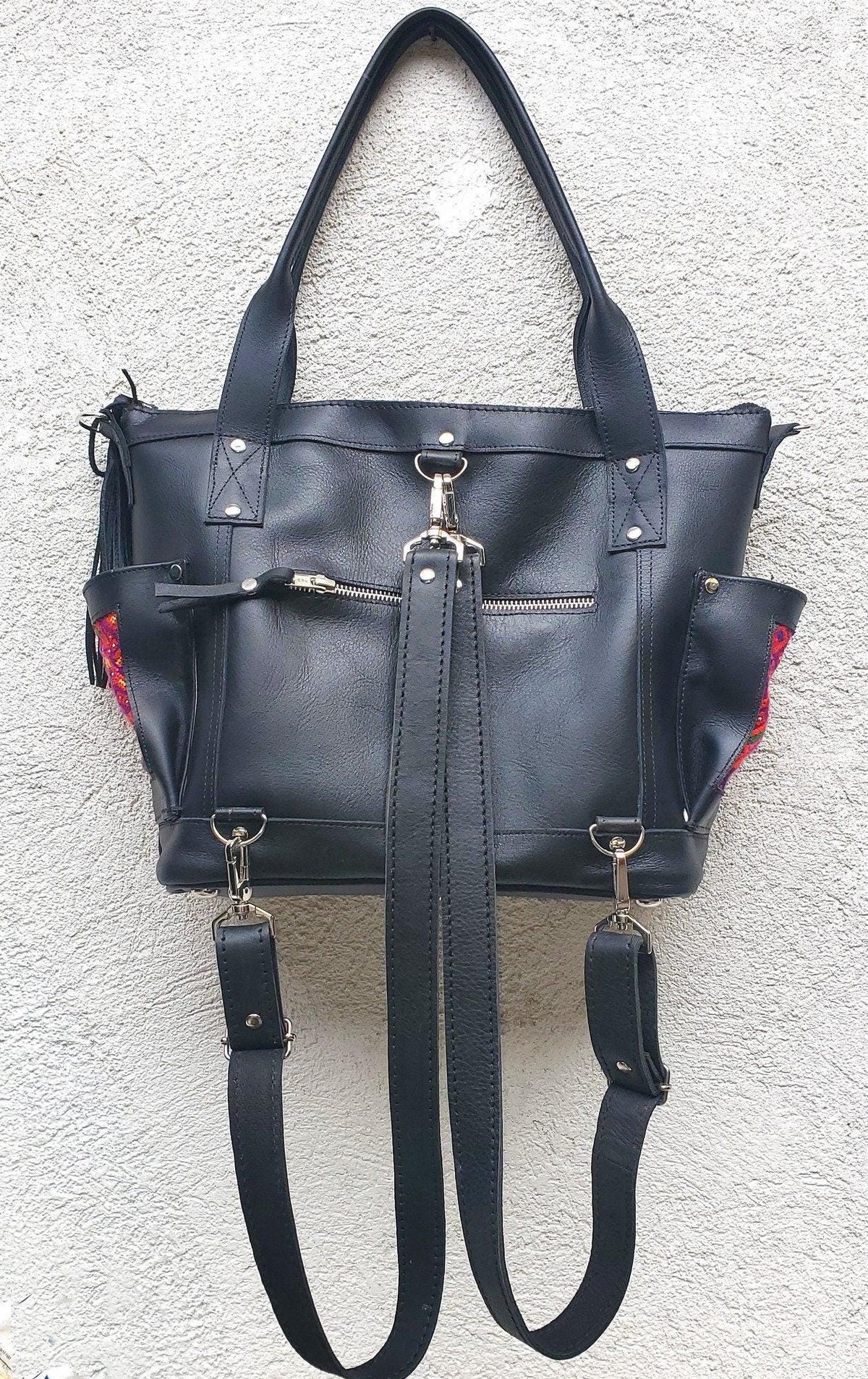 Convertible backpack crossbody day bag diaper purse genuine soft black leather huipil detail