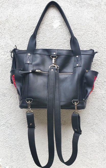 Convertible backpack crossbody day bag diaper purse genuine soft black leather huipil detail