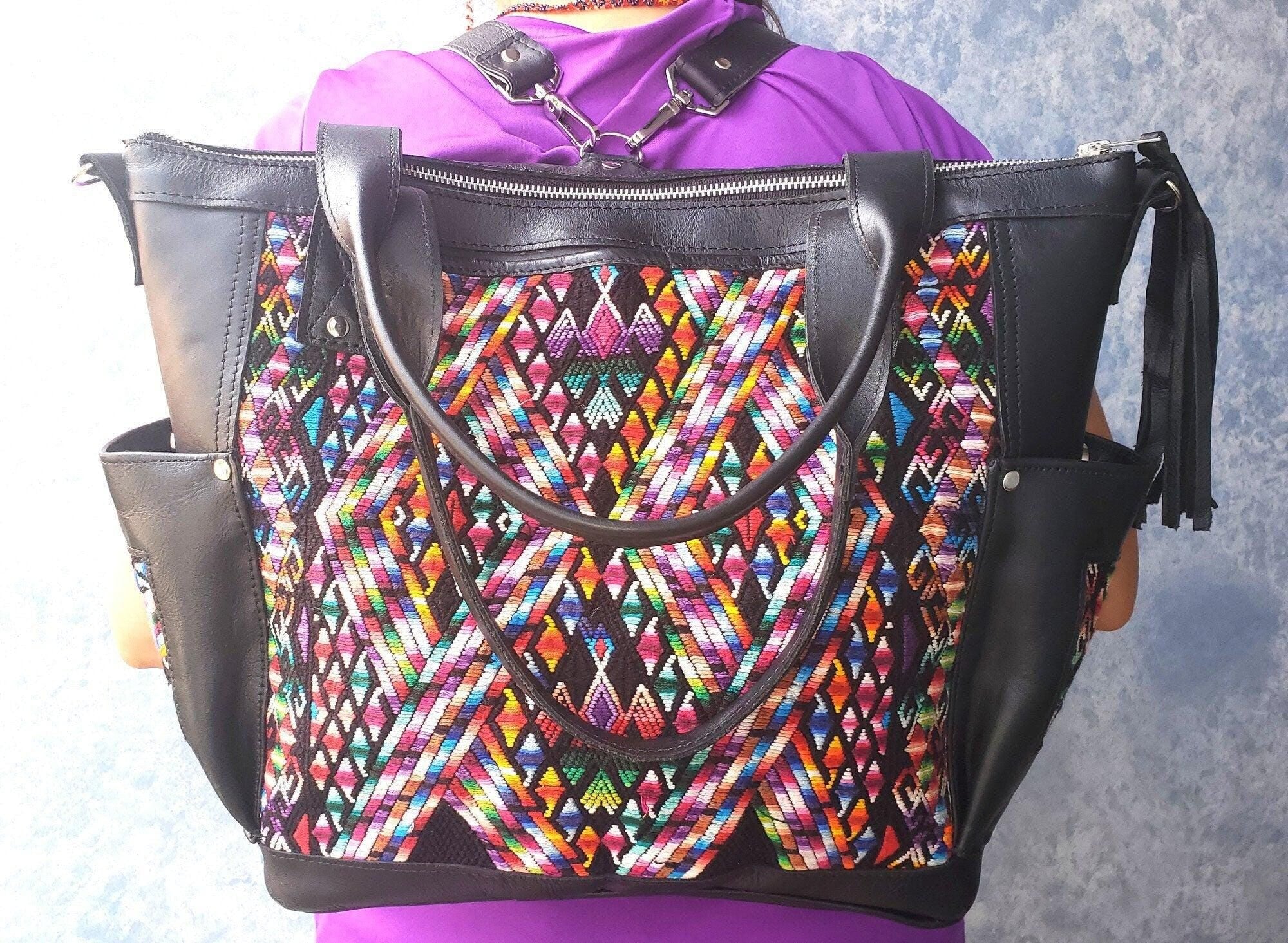 Convertible Black Leather BACKPACK, Huipil Detail, Crossbody