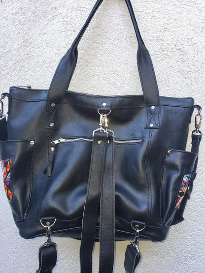 Matching set Convertible backpack crossbody day bag diaper wristlet purse strap genuine soft black leather huipil detail